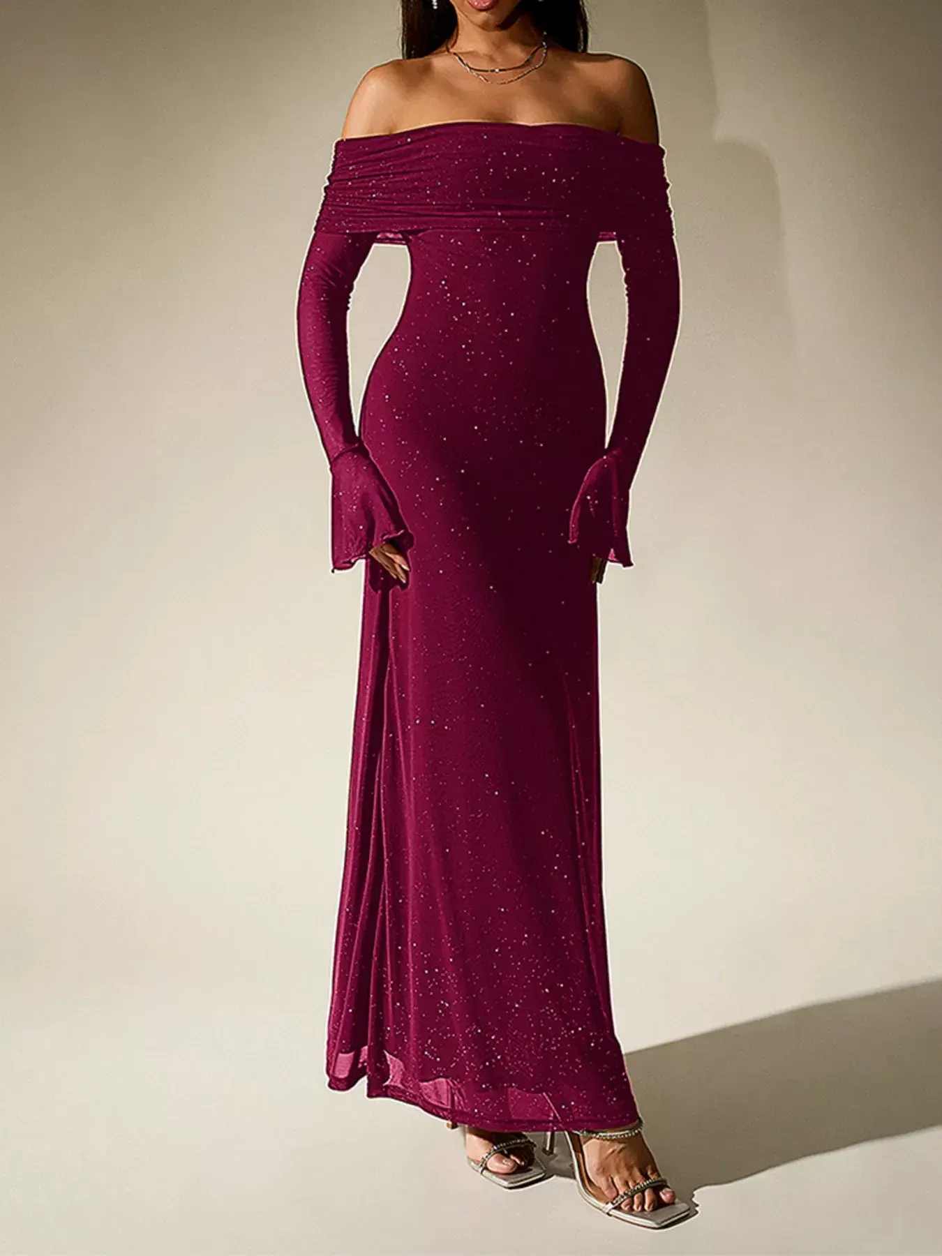 Glitter Off-Shoulder Maxi Dress